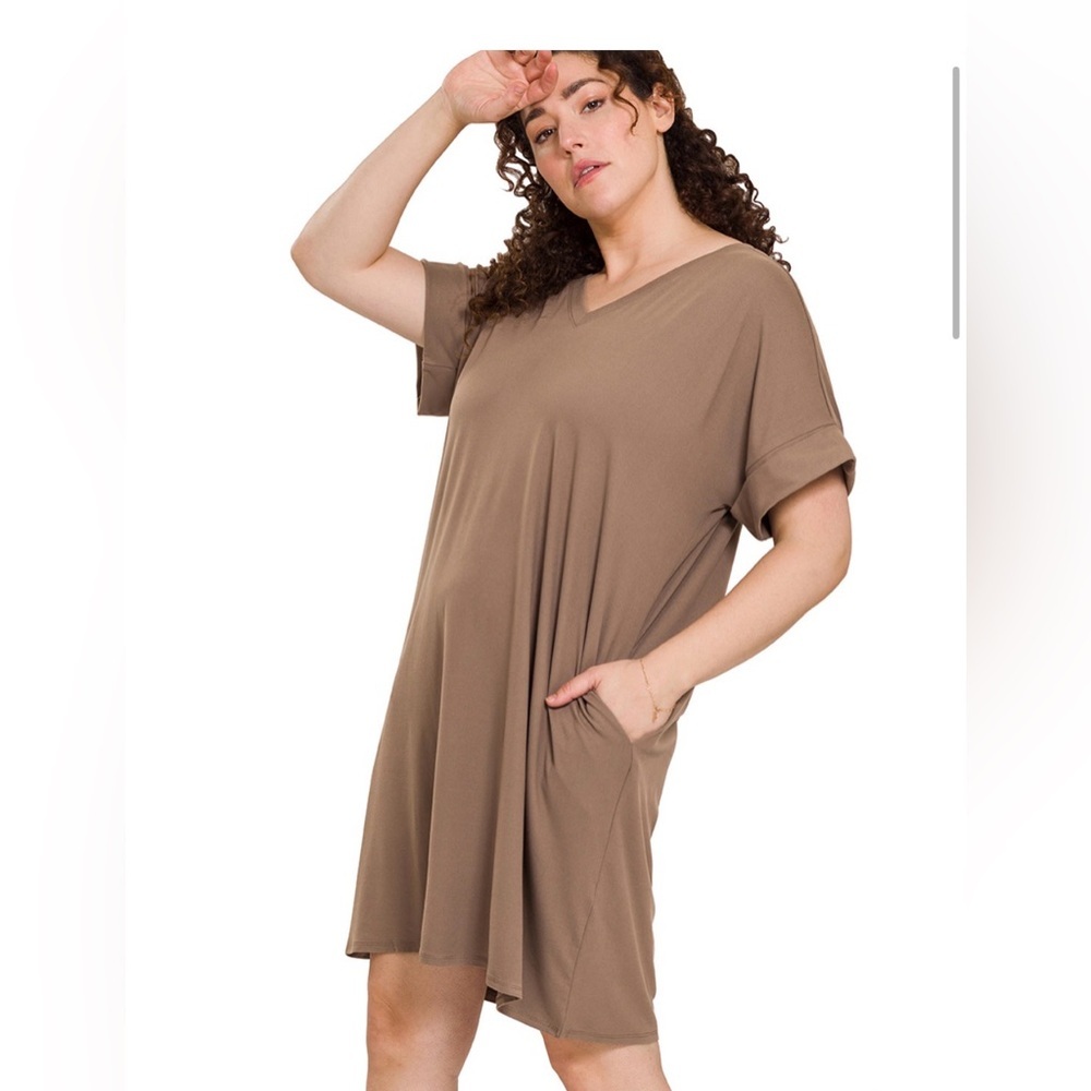 Zenana PLUS BRUSHED DTY ROLLED SHORT SLEEVE V-NECK DRESS